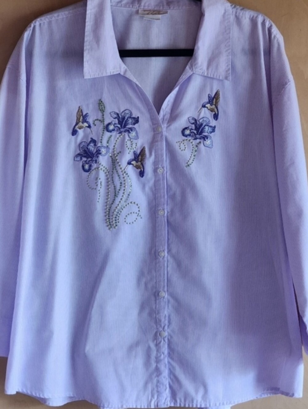 Women's 2X button shirt Embroidered Striped Hummingbird 3/4 sleeve Purple